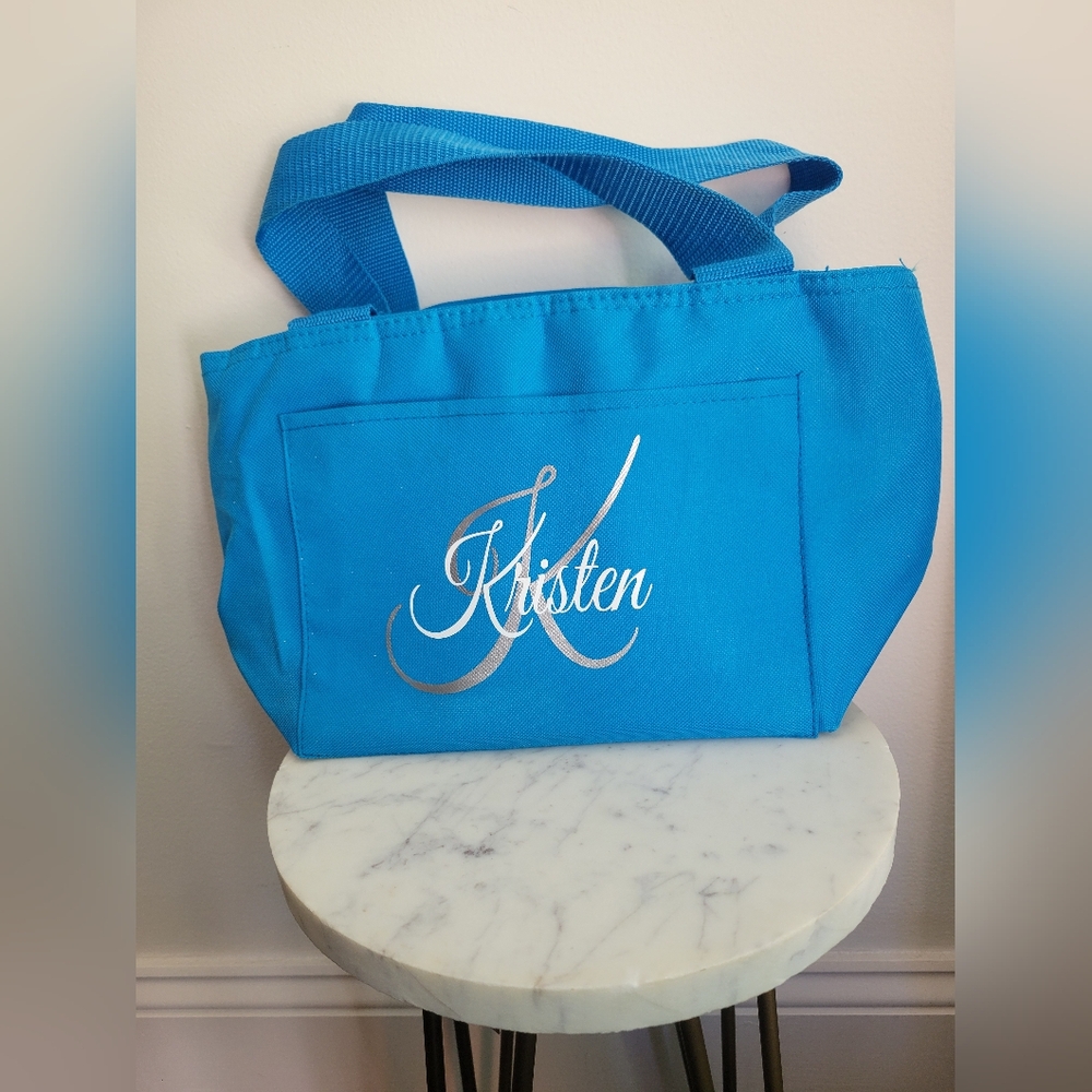 Blue Insulated Lunch Bag with "Kristen" Monogram and Name in Silver/White